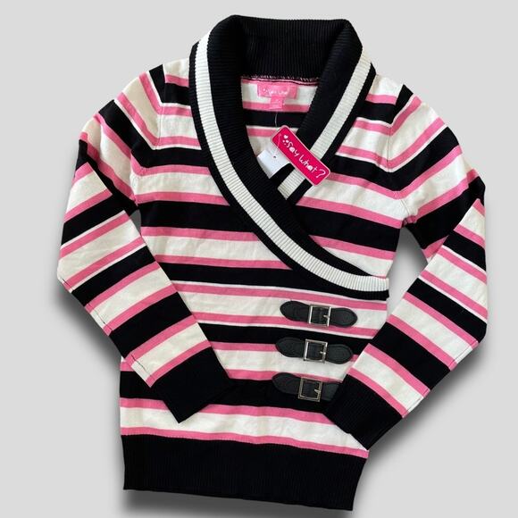 Say What? Other - NWT SAY WHAT? ROLLED COLLAR Y2K PUNK BUCKLE KIDS STRIPED SWEATER PINK SIZE 10 12